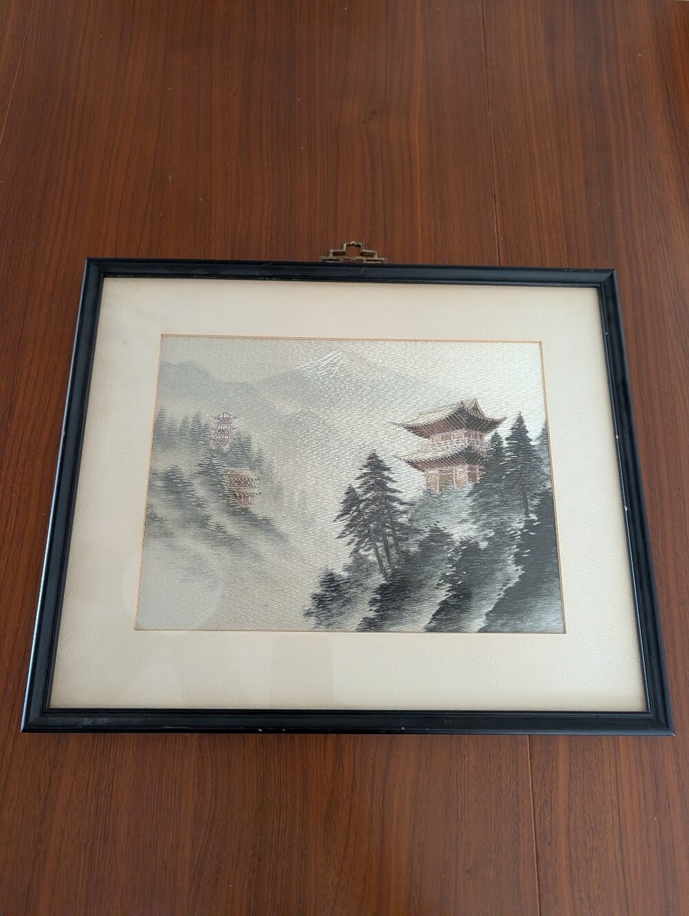 Vintage Japanese Silk Embroidery Framed Art Temple Fuji Compo Art Pre Owned